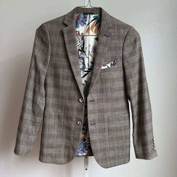 Paisley & Gray sz 36R Taupe wool Plaid Blazer Floral Lining‎ Modern Fit - Picture 2 of 10